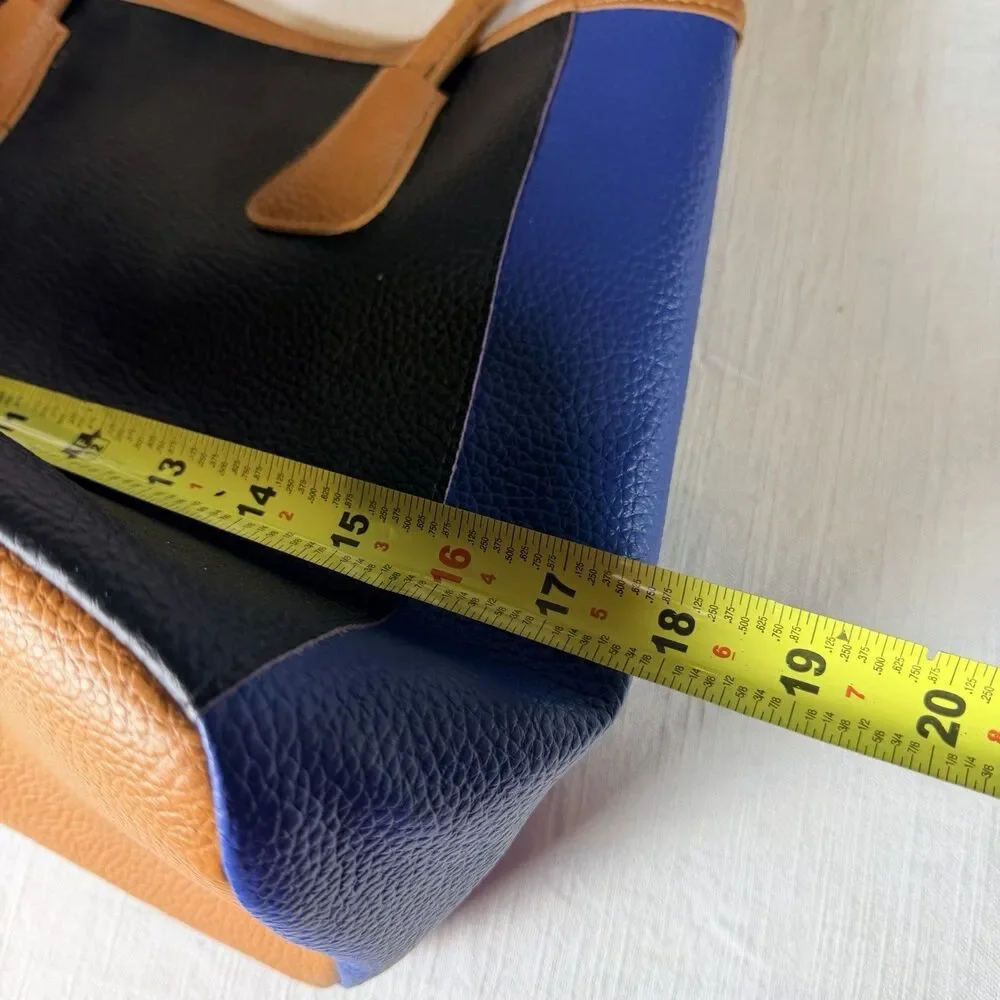 Neiman Marcus Tote Bag Colorblock Pebbled Faux Leather Black, Royal Blue, Tan